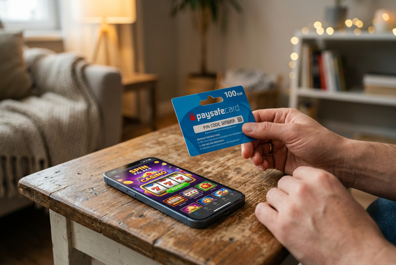 A person using a Paysafecard voucher to deposit funds into a mobile casino app.