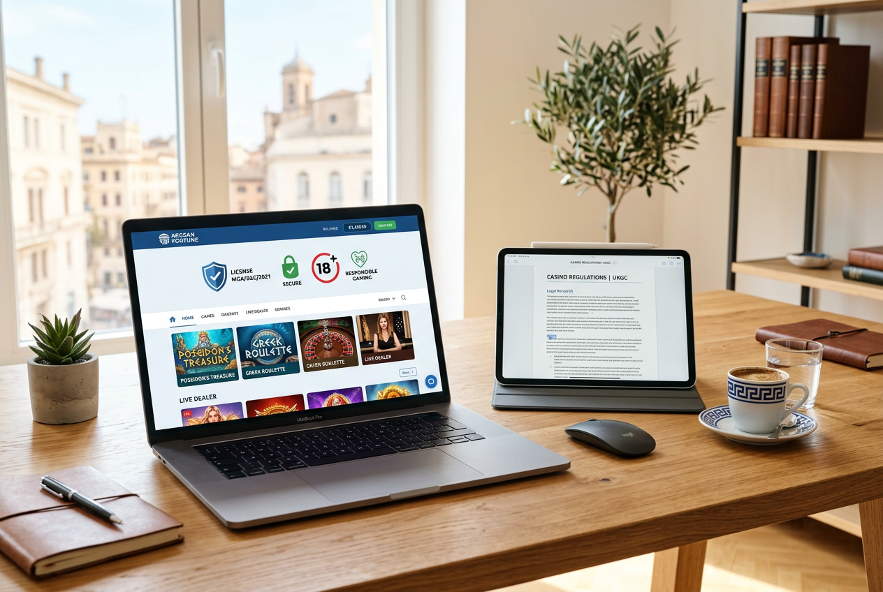 A professional office desk with a laptop showing a regulated Greek casino site and a cup of coffee.